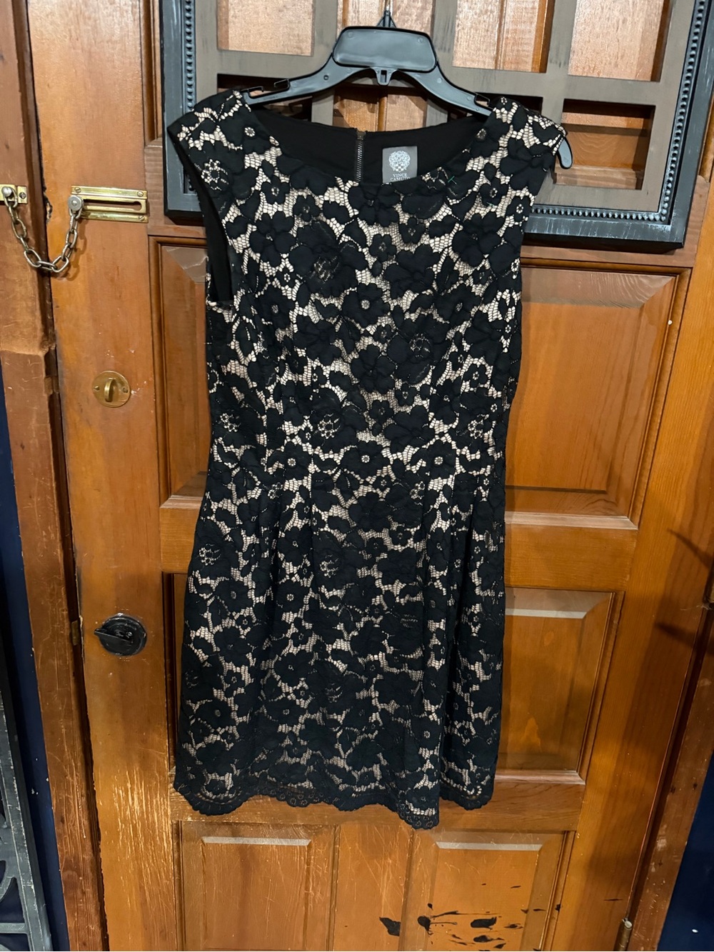 Vince Camuto Black Lace Overlay Dress with Nude Underlay